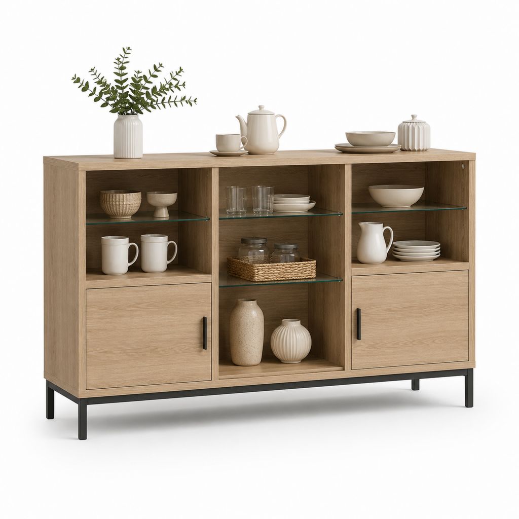 Buffet vaisselier 3 niches 2 portes chêne clair MDF acier 160 x 40 x 100 cm