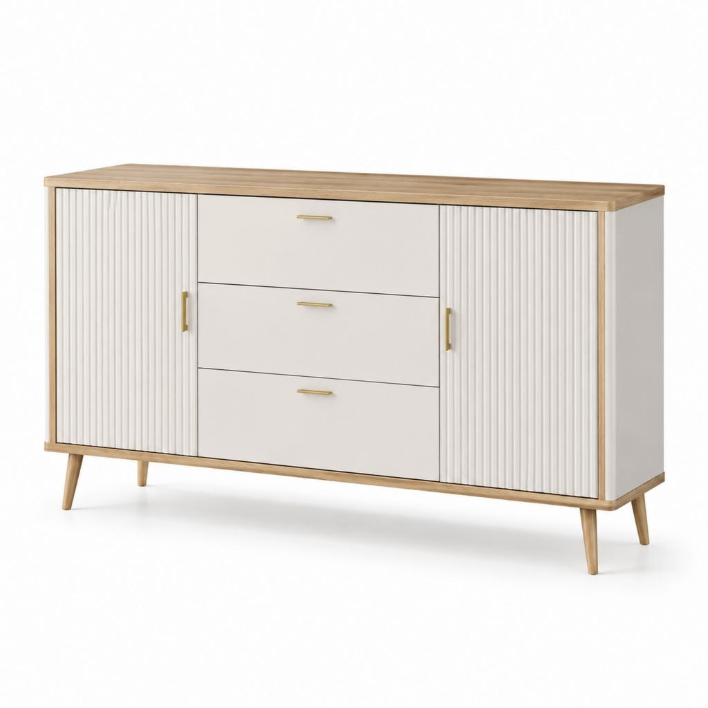 Buffet de salle à manger 160 x 40 x 80 cm blanc et chêne en panneaux MDF avec 3 tiroirs et 2 portes