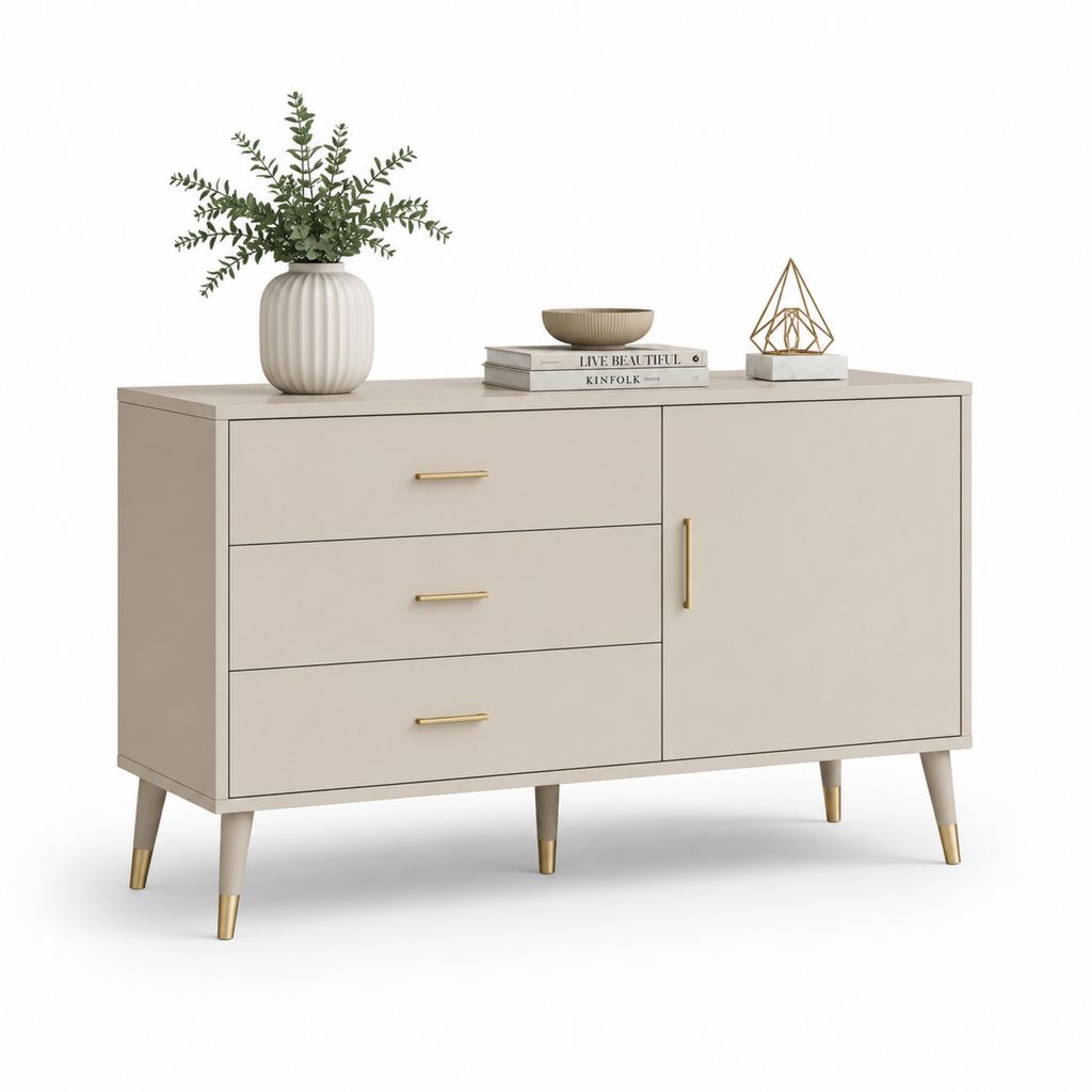 Buffet de rangement beige en MDF rectangulaire 120 x 40 x 80 cm avec 3 tiroirs et 1 porte