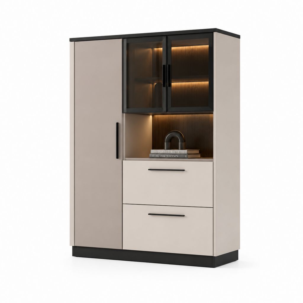 Buffet vaisselier beige et noir en panneaux de particules avec portes vitrées 100 x 40 x 180 cm