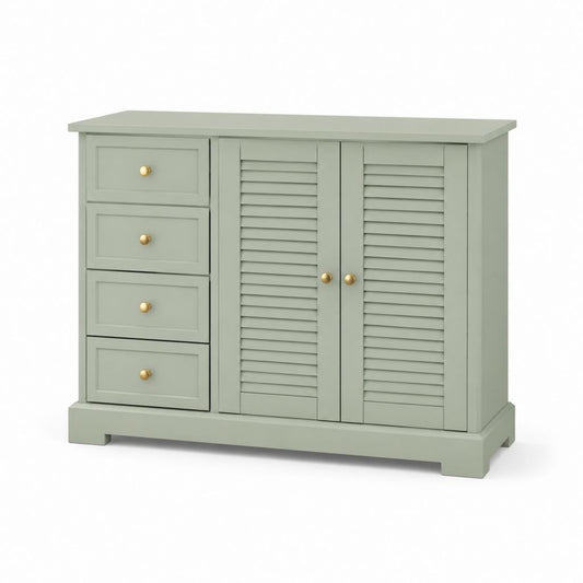 Buffet vert sauge en MDF 4 tiroirs 2 portes à lames 120 x 40 x 90 cm