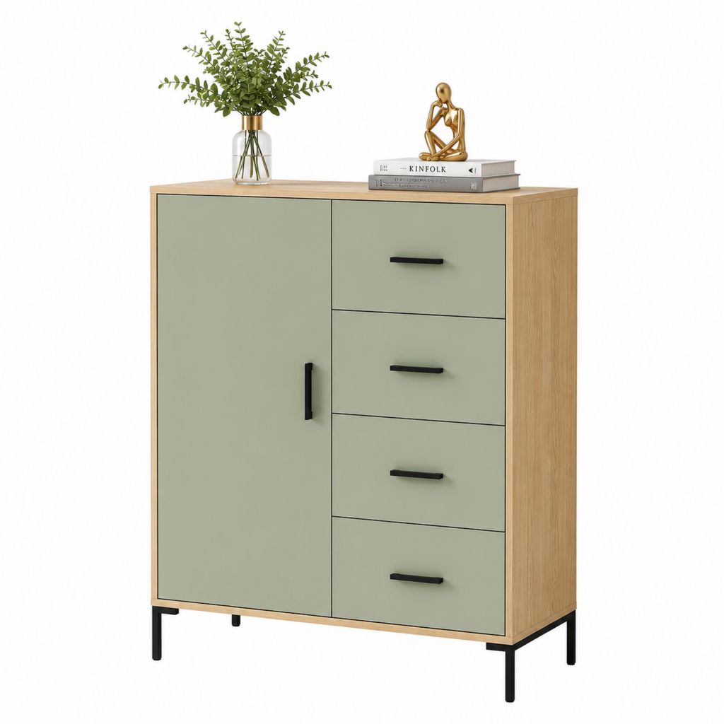 Buffet de rangement 1 porte 4 tiroirs vert sauge et chêne 80 x 40 x 100 cm