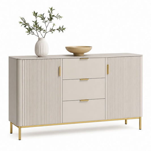 Buffet de rangement rectangulaire beige en MDF 160 x 40 x 85 cm avec 2 portes et 3 tiroirs