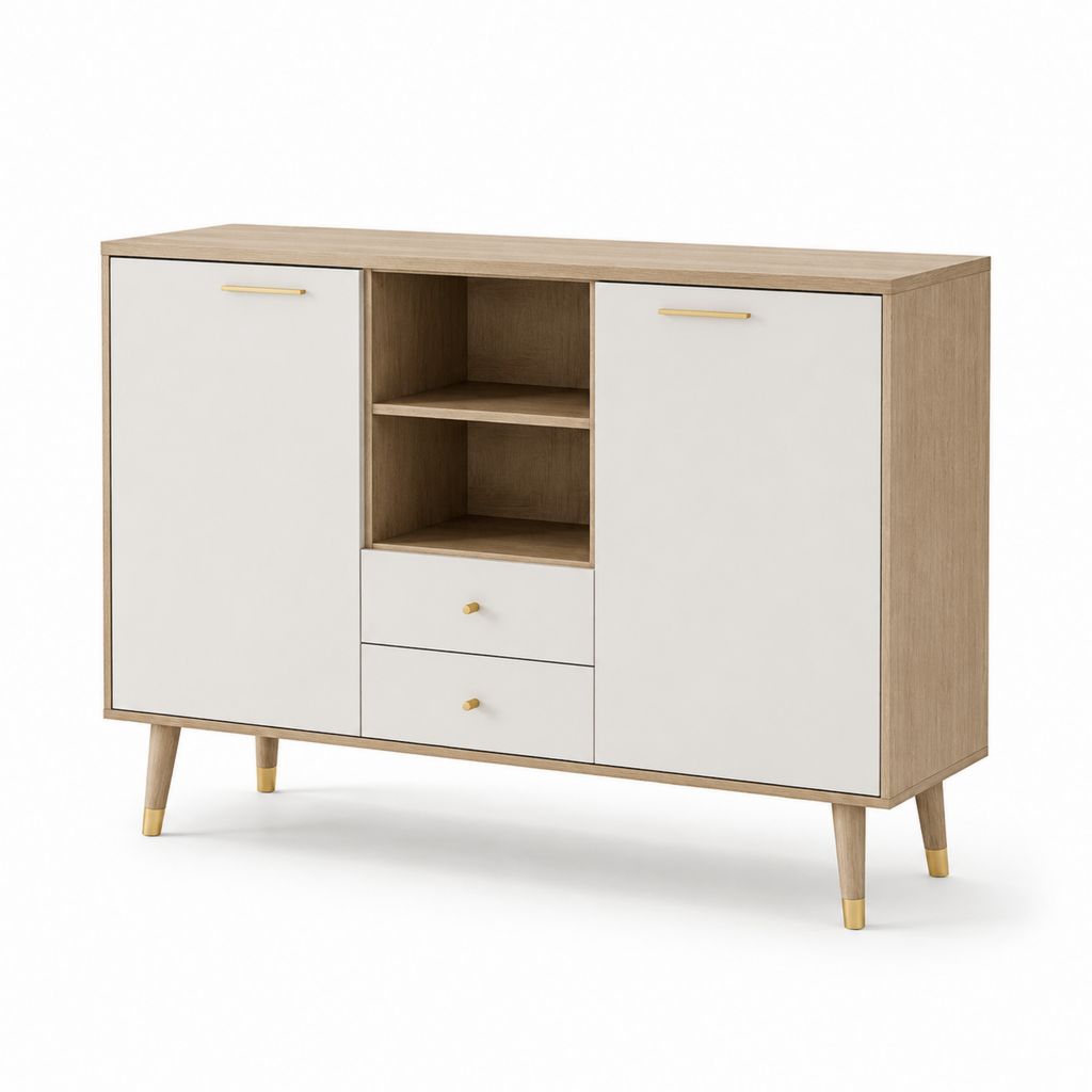 Buffet de salle à manger blanc et chêne en panneaux de particules 120 x 40 x 90 cm avec 2 portes 2 tiroirs et 2 étagères