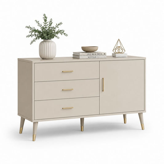 Buffet de rangement beige en MDF rectangulaire 120 x 40 x 80 cm avec 3 tiroirs et 1 porte