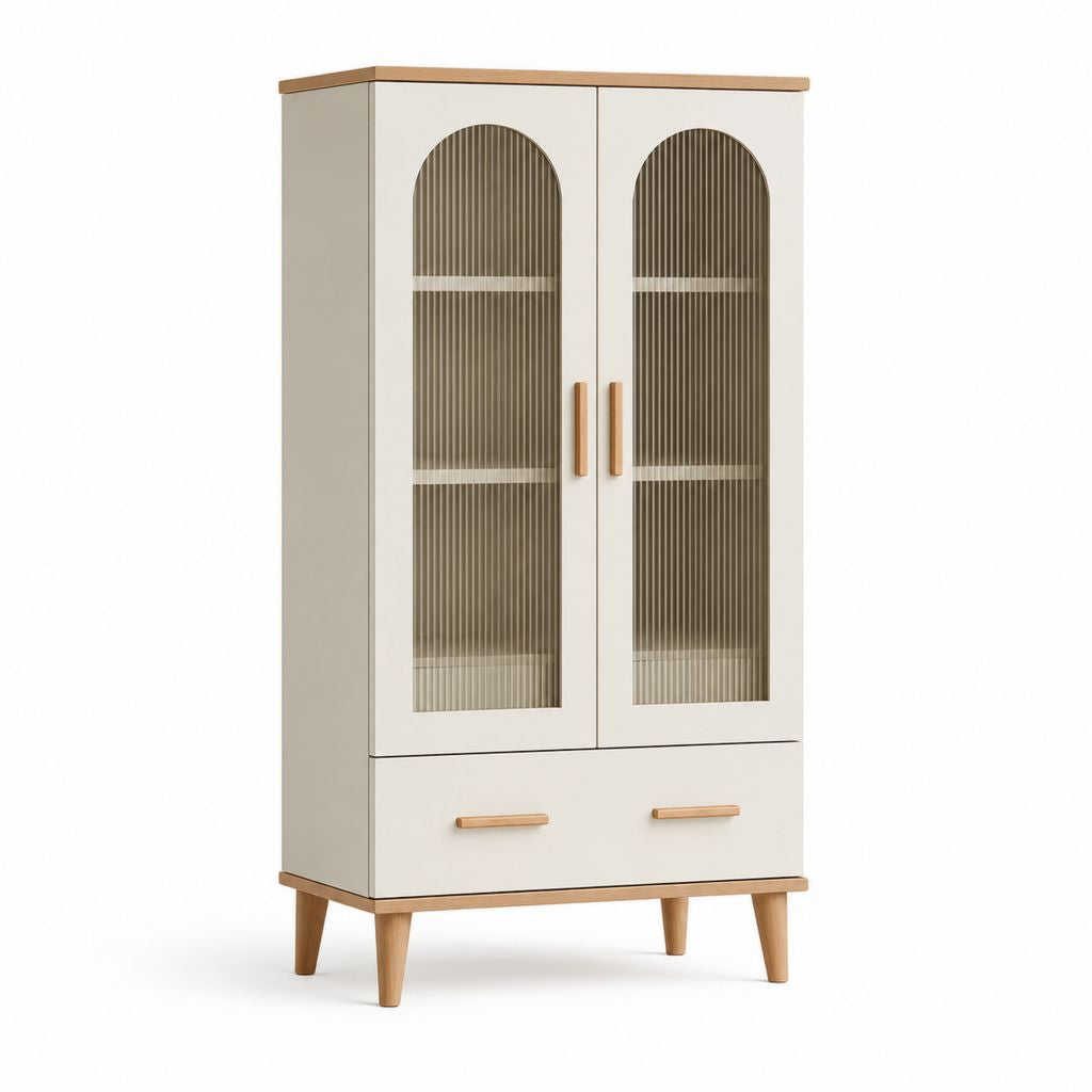 Buffet haut 2 portes et 1 tiroir blanc et chêne avec verre strié 90 x 40 x 160 cm