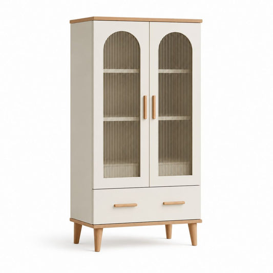 Buffet haut 2 portes et 1 tiroir blanc et chêne avec verre strié 90 x 40 x 160 cm