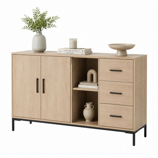 Buffet de rangement 160 x 40 x 90 cm chêne clair en panneaux de particules avec 3 tiroirs 2 portes et étagères