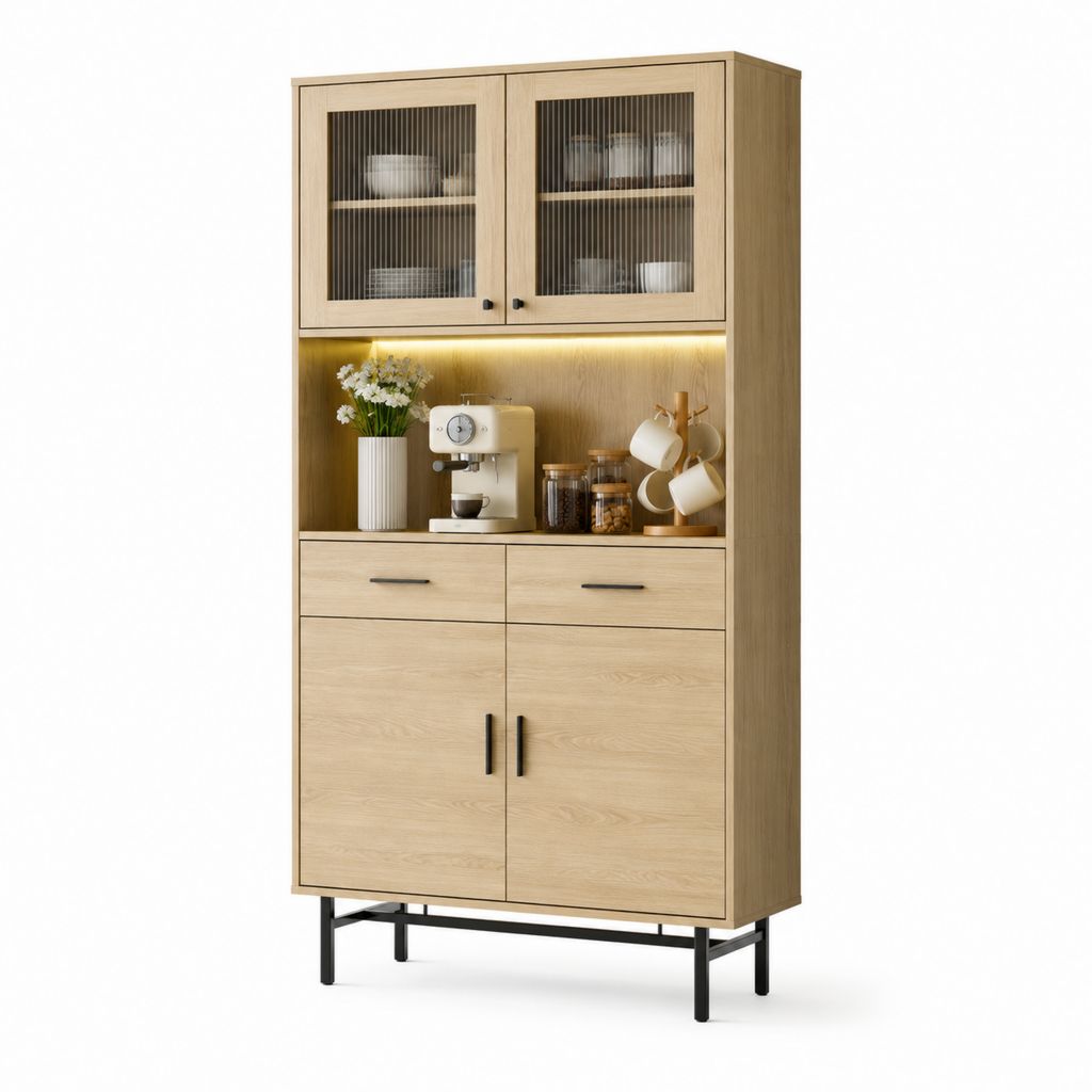 Buffet vaisselier rectangulaire chêne clair MDF verre strié 80 x 40 x 180 cm