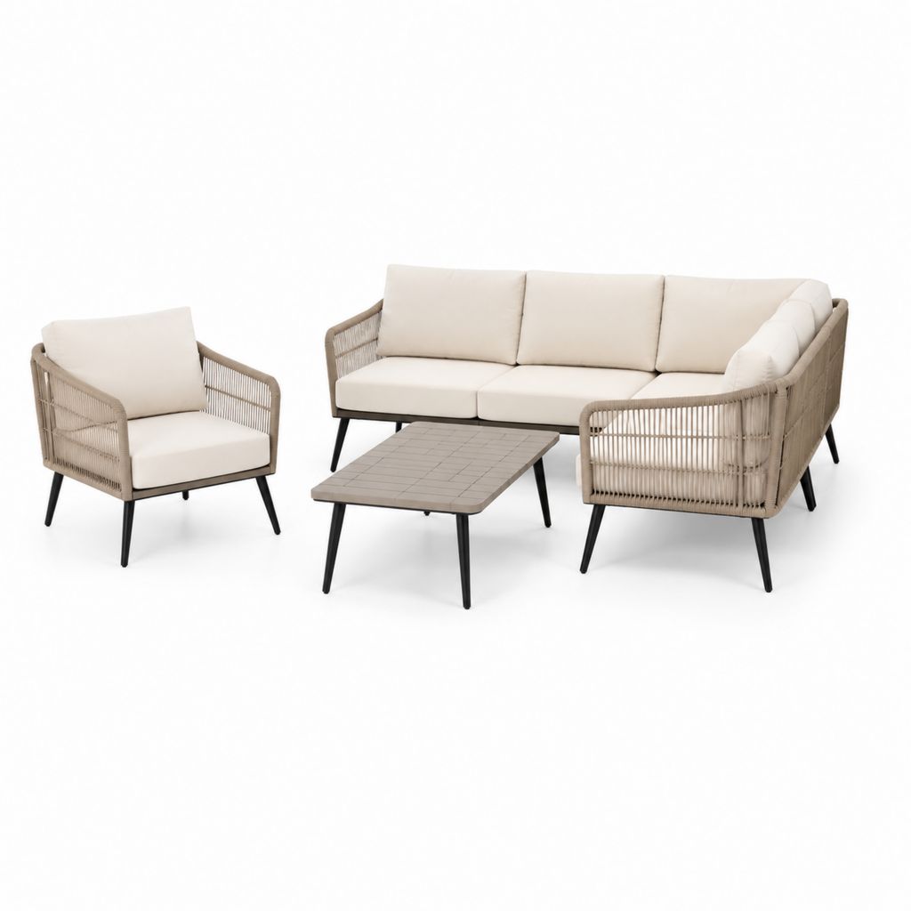 Salon de jardin 4 places beige en aluminium et corde PE avec canapé 3 places fauteuil et table basse rectangulaire
