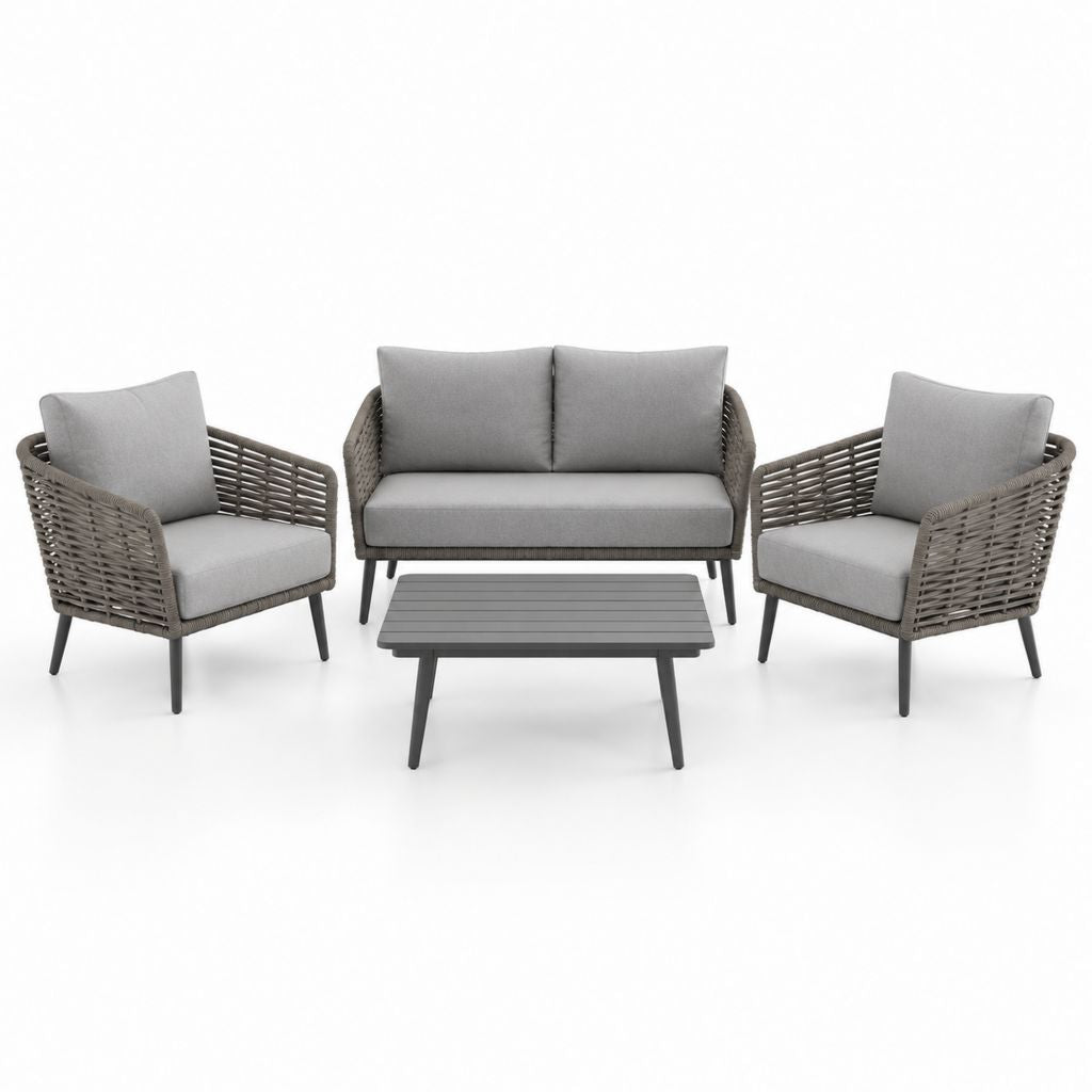 Salon de jardin 4 pièces gris en corde PP et aluminium avec canapé 2 places fauteuils et table basse 110 x 60 cm