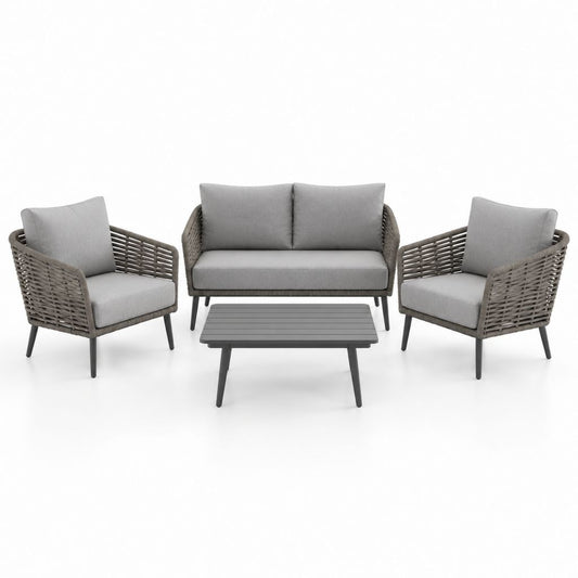 Salon de jardin 4 pièces gris en corde PP et aluminium avec canapé 2 places fauteuils et table basse 110 x 60 cm