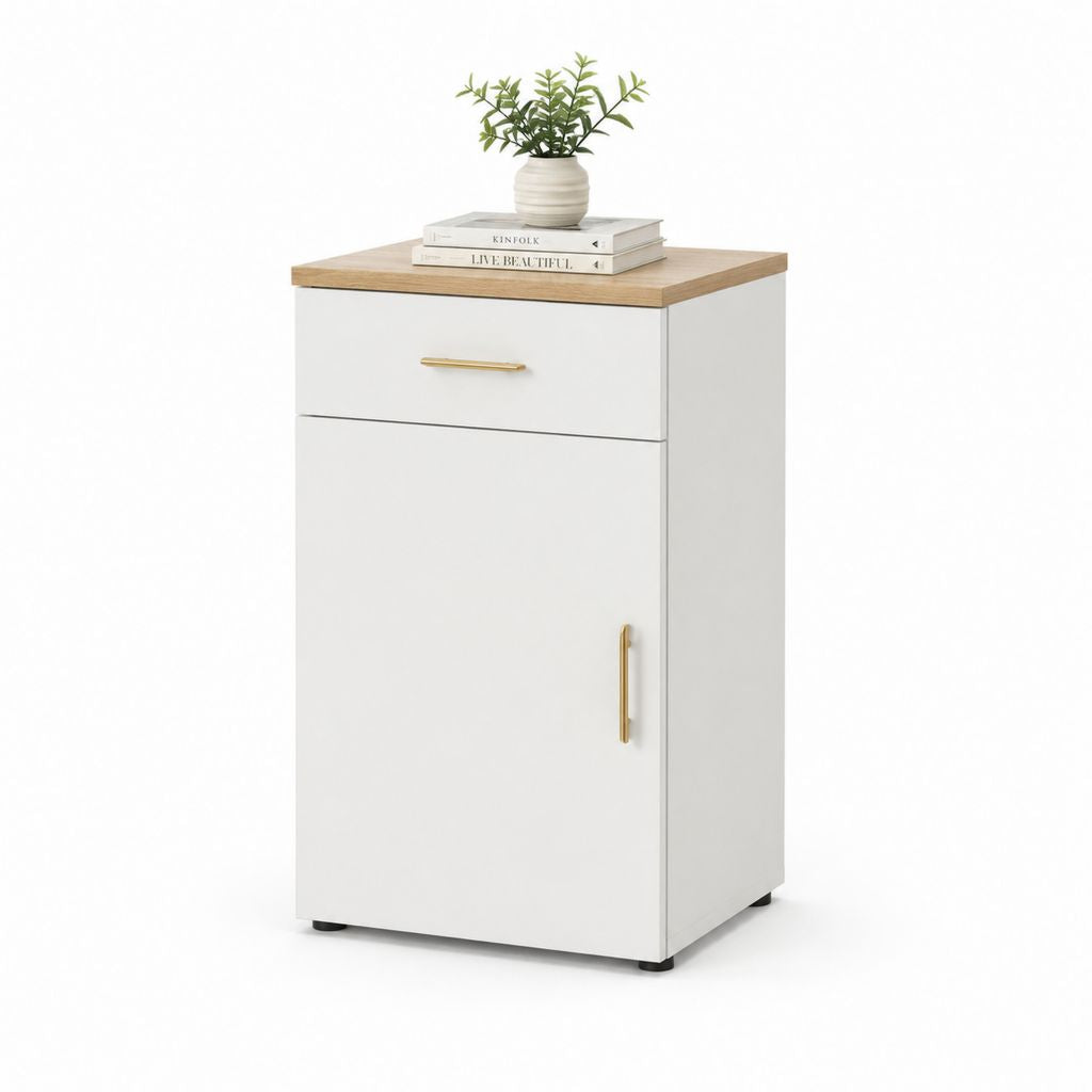 Buffet de rangement blanc et chêne clair en panneaux MDF 80 x 40 x 100 cm avec tiroir et porte