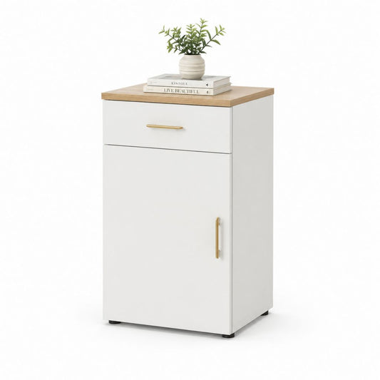 Buffet de rangement blanc et chêne clair en panneaux MDF 80 x 40 x 100 cm avec tiroir et porte