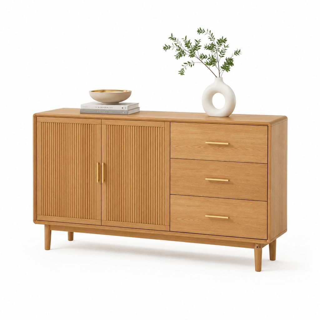 Buffet de salle à manger rectangulaire en MDF plaqué chêne 160 x 40 x 80 cm avec 2 portes et 3 tiroirs