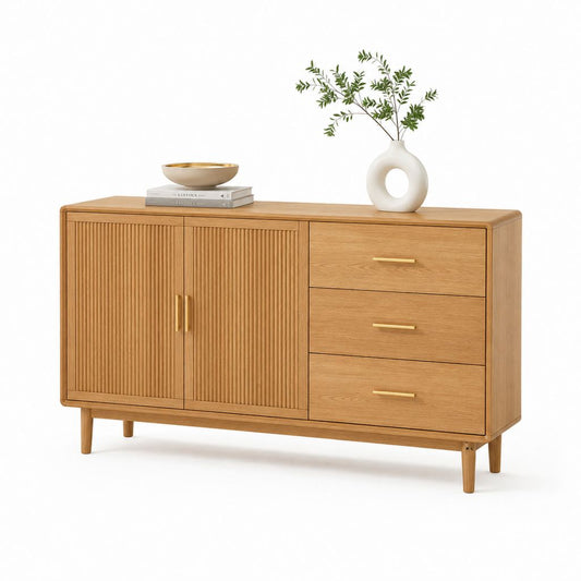 Buffet de salle à manger rectangulaire en MDF plaqué chêne 160 x 40 x 80 cm avec 2 portes et 3 tiroirs