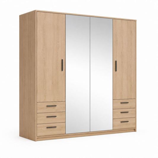 Armoire de chambre rectangulaire 4 portes 6 tiroirs chêne clair panneaux de particules miroir 200 x 60 x 210 cm