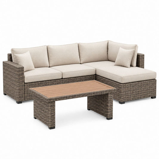 Salon de jardin d'angle 3 pièces gris brun en résine tressée avec coussins beige et table basse 220 x 150 x 65 cm