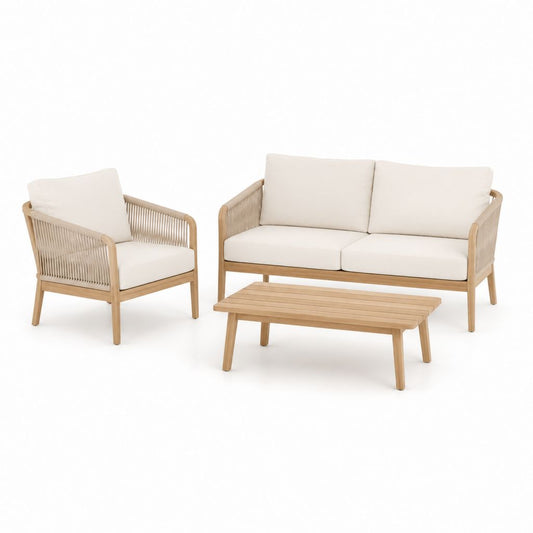 Salon de jardin 3 pièces beige en acacia et corde tressée avec canapé 2 places fauteuil et table basse 140 x 75 x 78 cm