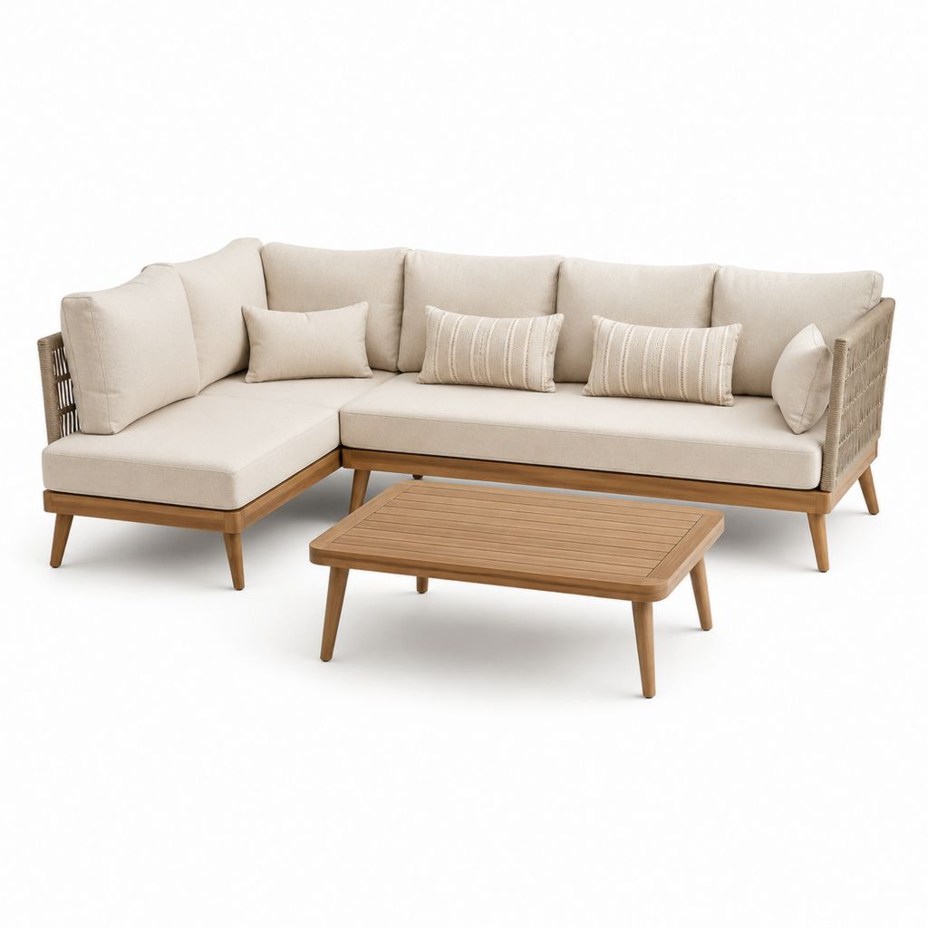 Salon de jardin d’angle 3 pièces beige en acacia massif avec coussins et table basse 245 x 150 cm