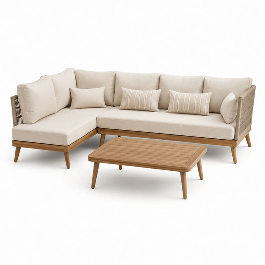 Salon de jardin d’angle 3 pièces beige en acacia massif avec coussins et table basse 245 x 150 cm