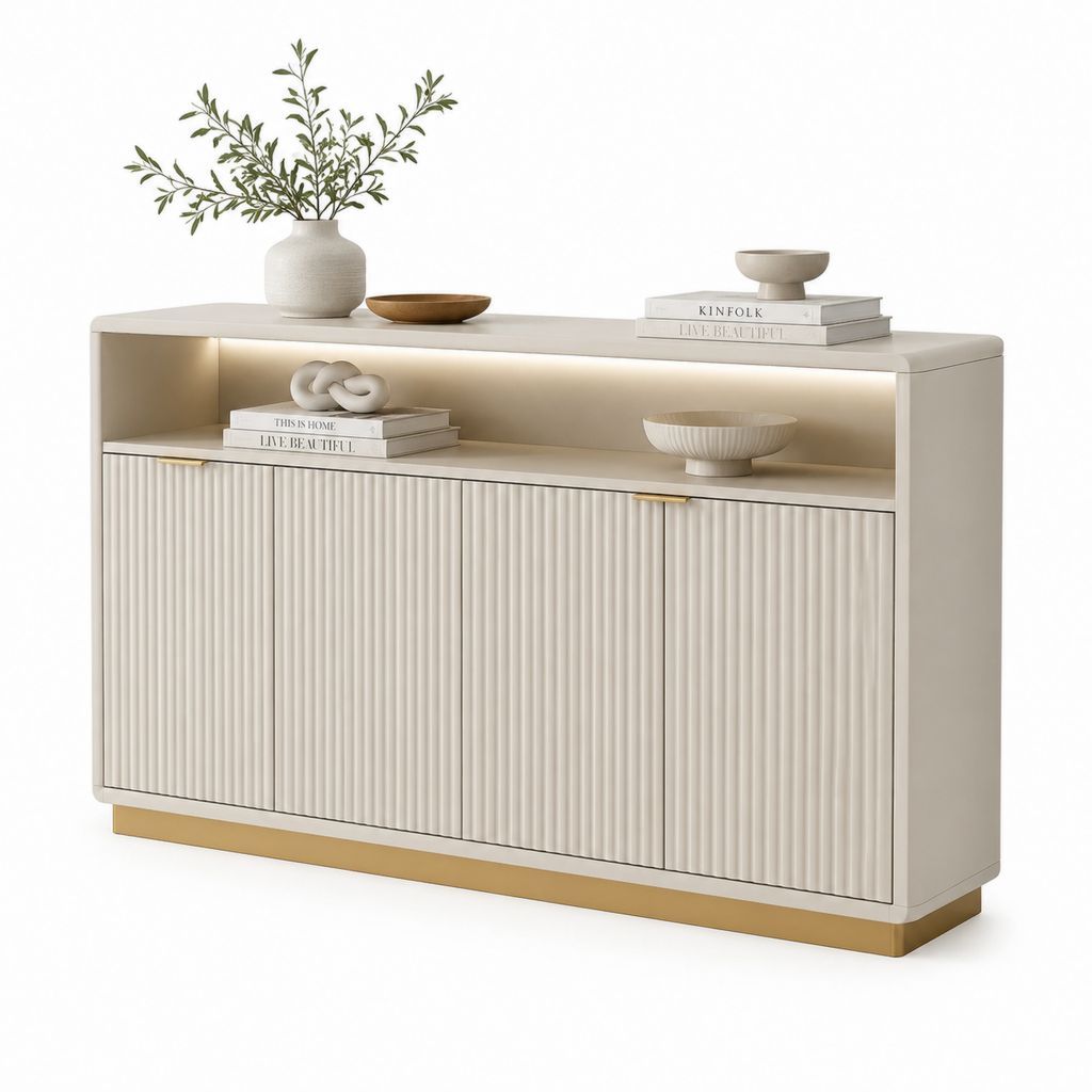 Buffet de salle à manger blanc cassé en MDF avec 4 portes rainurées 140 x 40 x 85 cm