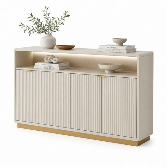 Buffet de salle à manger blanc cassé en MDF avec 4 portes rainurées 140 x 40 x 85 cm