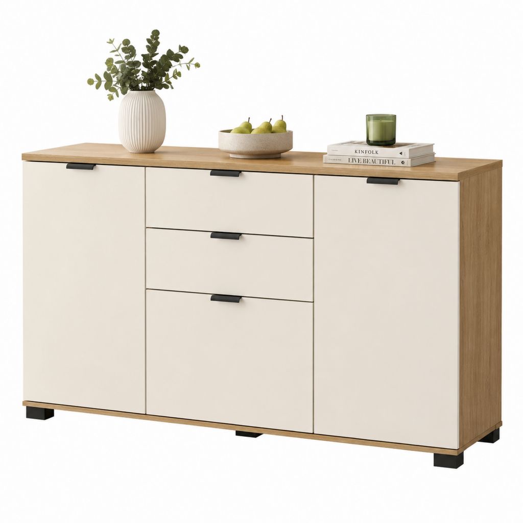 Buffet de rangement rectangulaire 2 portes 3 tiroirs blanc et chêne en panneaux de particules 120 x 40 x 80 cm