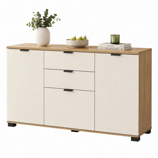 Buffet de rangement rectangulaire 2 portes 3 tiroirs blanc et chêne en panneaux de particules 120 x 40 x 80 cm