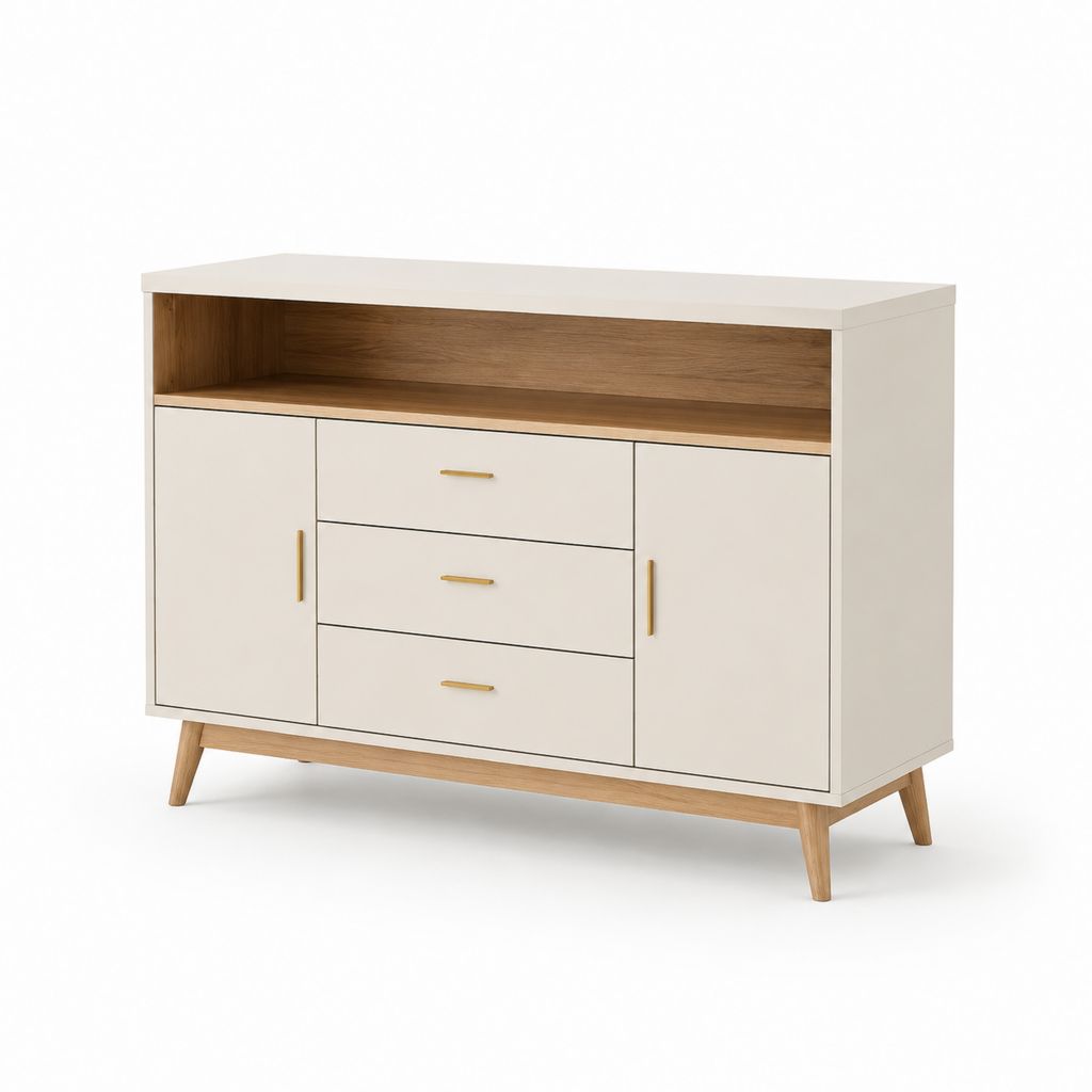 Buffet de salle à manger rectangulaire blanc et noyer en panneaux MDF 160 x 40 x 90 cm
