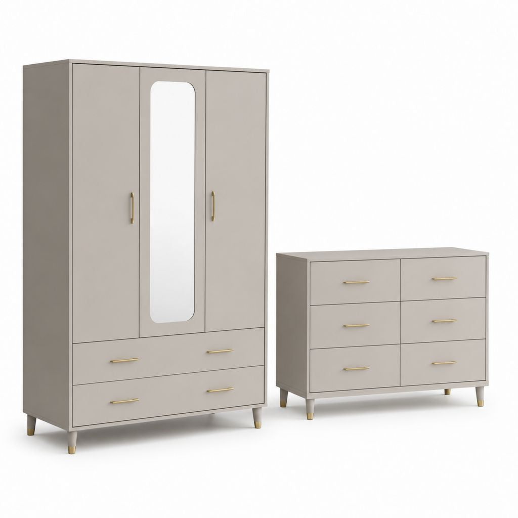 Ensemble armoire 3 portes avec miroir et commode 6 tiroirs gris beige en panneaux MDF 100 x 50 x 190 cm