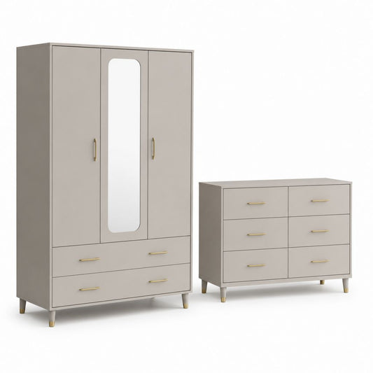 Ensemble armoire 3 portes avec miroir et commode 6 tiroirs gris beige en panneaux MDF 100 x 50 x 190 cm