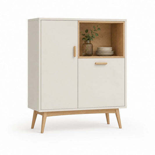 Buffet de salle à manger rectangulaire blanc et chêne en MDF 100 x 40 x 140 cm