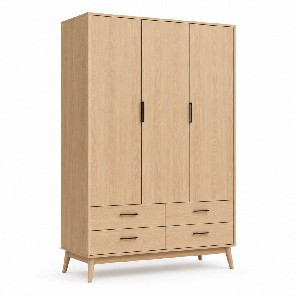 Armoire 3 portes 4 tiroirs décor chêne clair en panneaux de particules 150 x 55 x 200 cm