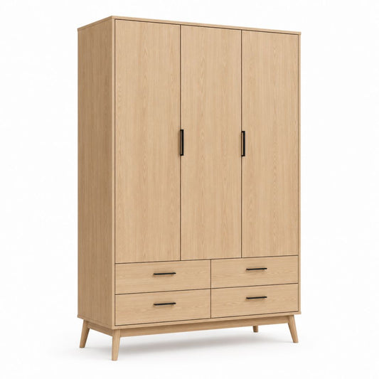 Armoire 3 portes 4 tiroirs décor chêne clair en panneaux de particules 150 x 55 x 200 cm