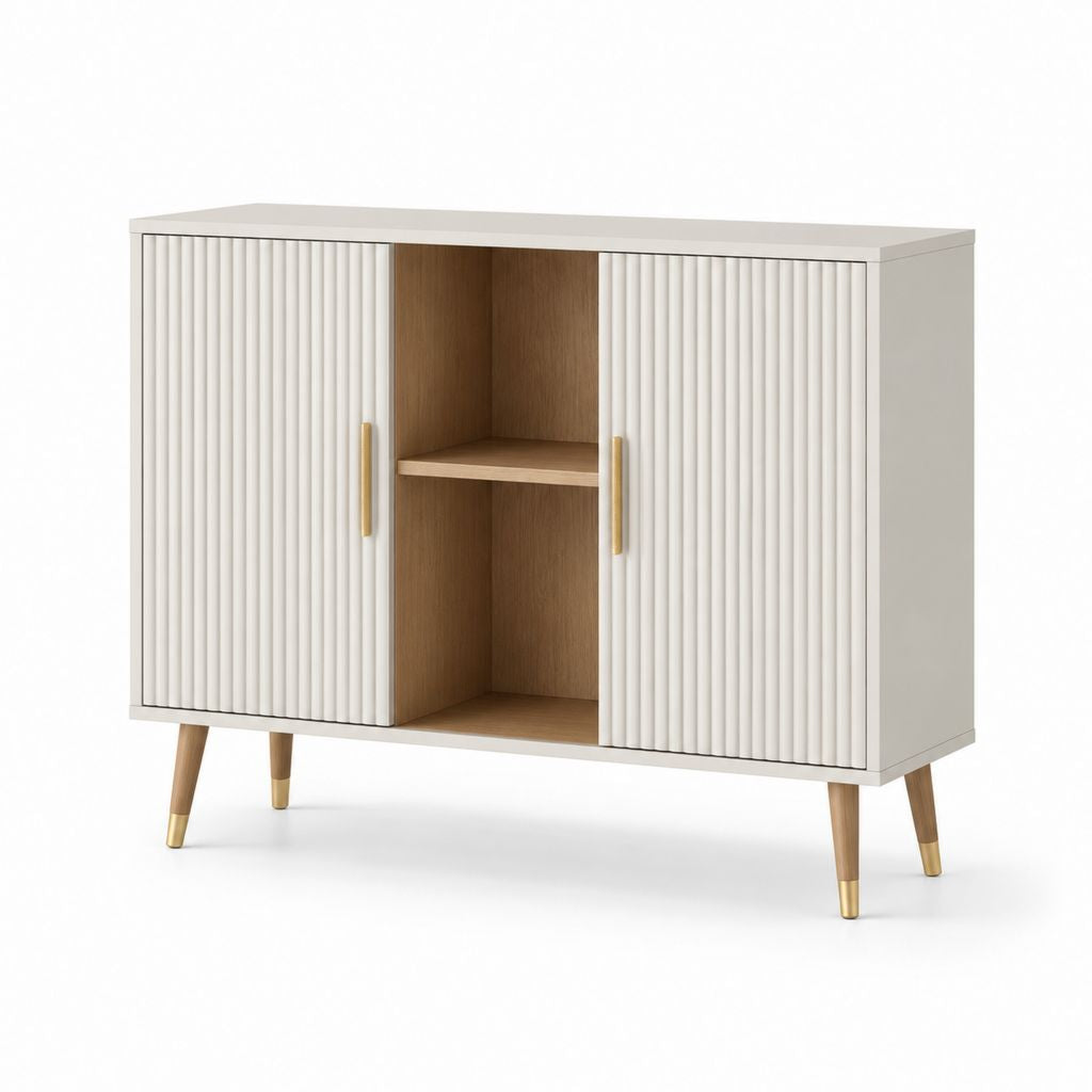 Buffet 2 portes coulissantes blanc et chêne clair en MDF 120 x 40 x 100 cm