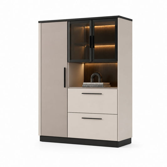 Buffet vaisselier beige et noir en panneaux de particules avec portes vitrées 100 x 40 x 180 cm