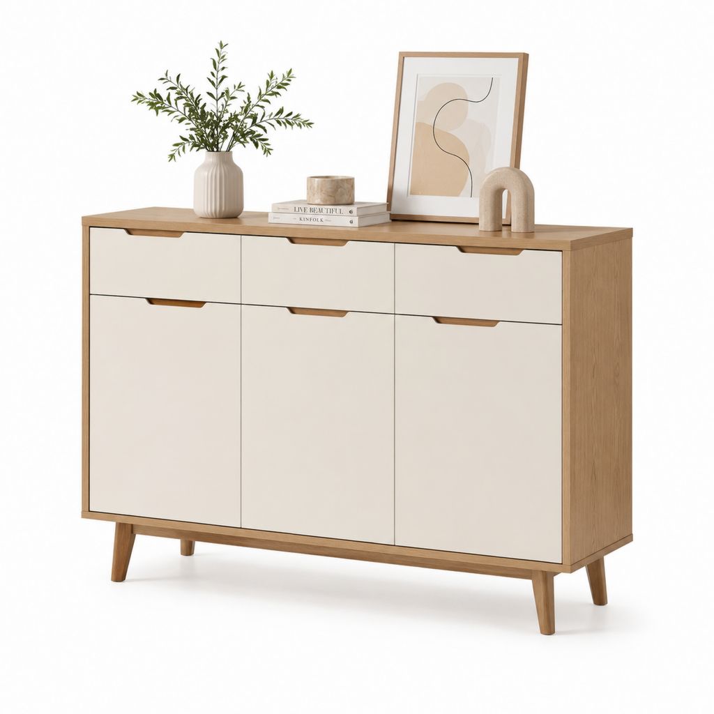 Buffet de salle à manger 3 portes 3 tiroirs beige et chêne en panneaux de particules 120 x 40 x 80 cm