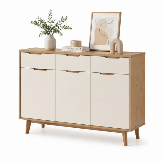 Buffet de salle à manger 3 portes 3 tiroirs beige et chêne en panneaux de particules 120 x 40 x 80 cm