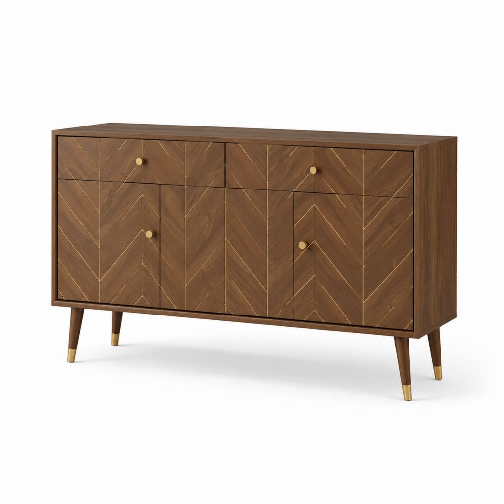 Buffet 4 portes noyer en MDF plaqué rectangulaire 160 x 40 x 85 cm